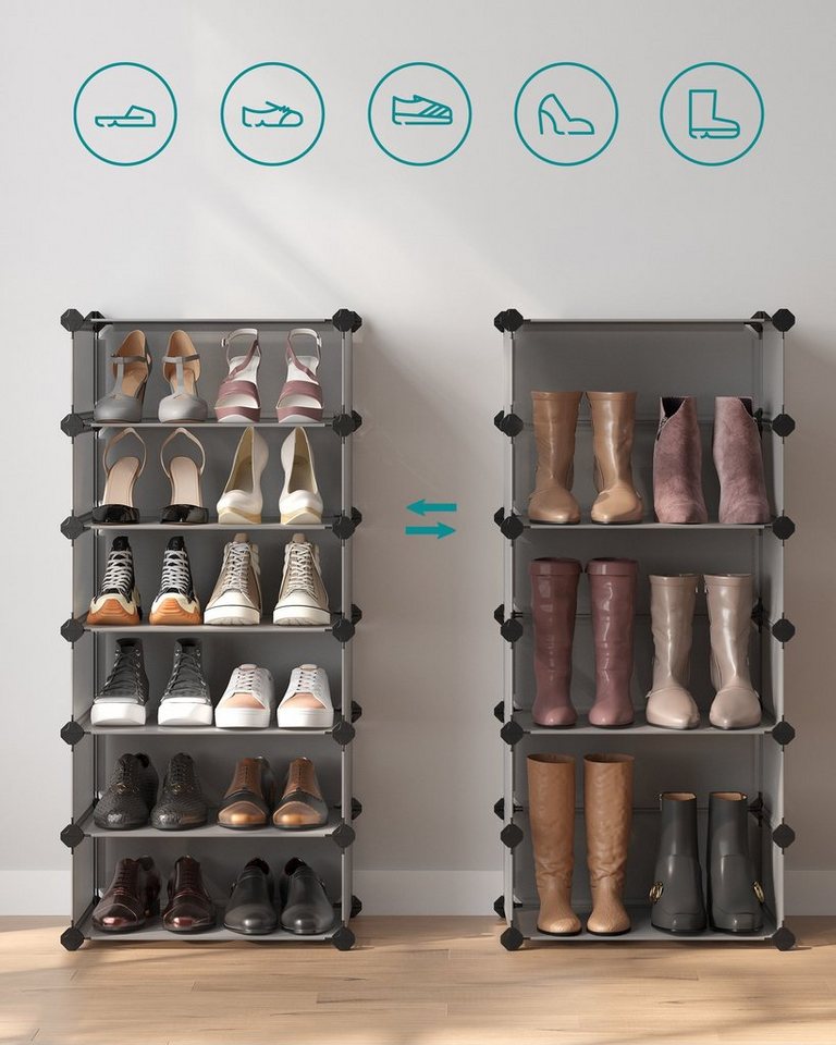 SONGMICS Schuhregal Steckregal, Regalsystem, Schuh-Organizer, 10 Ebenen, 43 x 31 x 173 cm, DIY-Regal, mit Tür, PP-Kunststoff, mit Gummihammer, Umkippschutz, gra – Bild 4 von 5