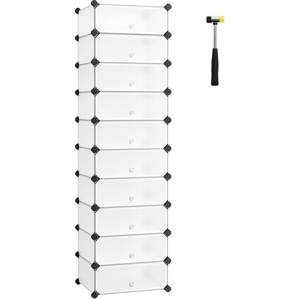 SONGMICS Schuhregal Steckregal, Regalsystem, Schuh-Organizer, 10 Ebenen, 43 x 31 x 173 cm, DIY-Regal, mit Tür, PP-Kunststoff, mit Gummihammer, Umkippschutz, wei