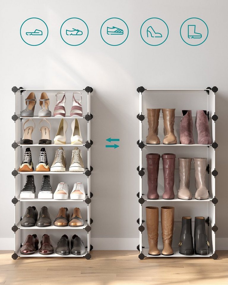 SONGMICS Schuhregal Steckregal, Regalsystem, Schuh-Organizer, 10 Ebenen, 43 x 31 x 173 cm, DIY-Regal, mit Tür, PP-Kunststoff, mit Gummihammer, Umkippschutz, wei – Bild 3 von 5