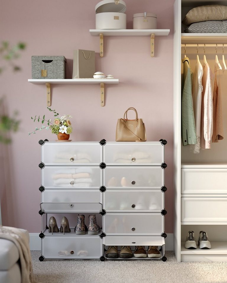 SONGMICS Schuhregal Steckregal, Regalsystem, Schuh-Organizer, 10 Ebenen, 43 x 31 x 173 cm, DIY-Regal, mit Tür, PP-Kunststoff, mit Gummihammer, Umkippschutz, wei – Bild 5 von 5