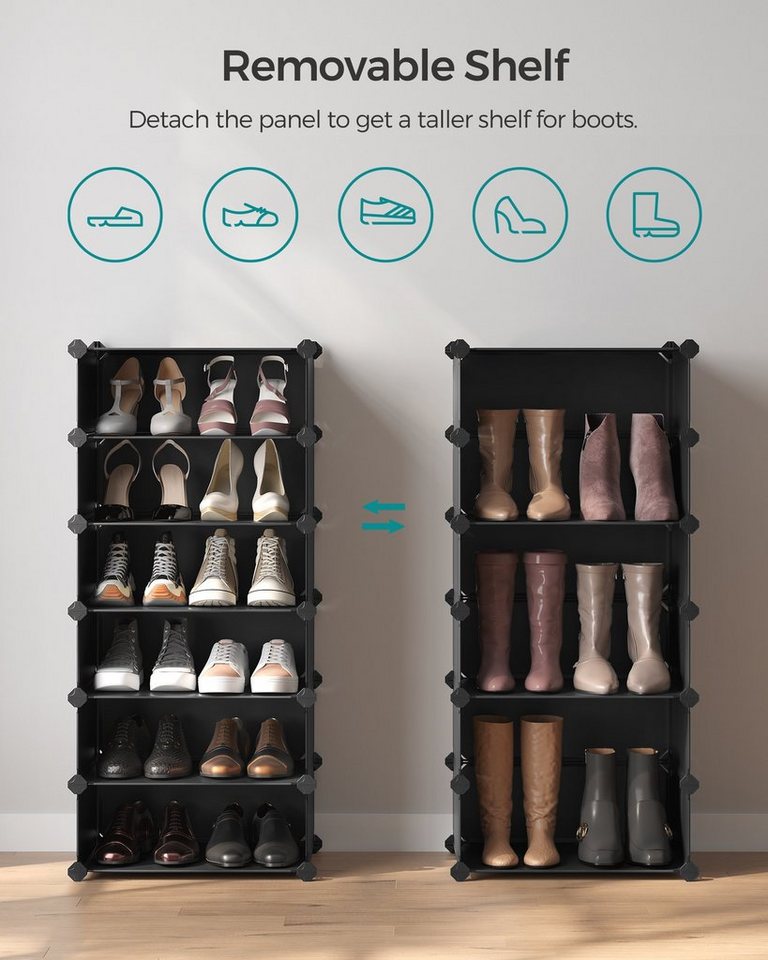 SONGMICS Schuhregal Steckregal, Regalsystem, Schuh-Organizer, 10 Ebenen, 43 x 31 x 173 cm, mit Tür, PP-Kunststoff, mit Gummihammer, Umkippschutz, schwarz – Bild 4 von 5