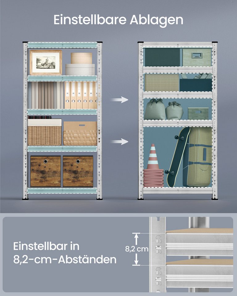 SONGMICS Schwerlastregal Kellerregal, bis 875 kg belastbar, verstellbare Ablagen, silbern, 2-tlg., 30 x 75 x 150 cm, Schmetterling-Stecksystem, einfache Montage – Bild 4 von 5