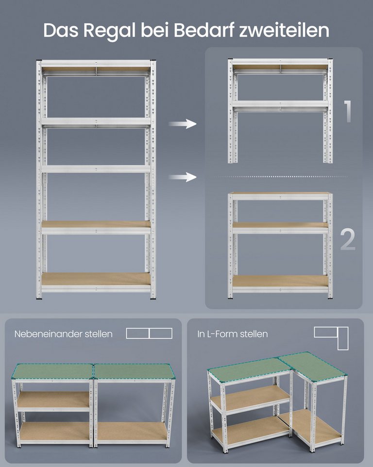 SONGMICS Schwerlastregal Kellerregal, bis 875 kg belastbar, verstellbare Ablagen, silbern, 2-tlg., 30 x 75 x 150 cm, Schmetterling-Stecksystem, einfache Montage – Bild 5 von 5