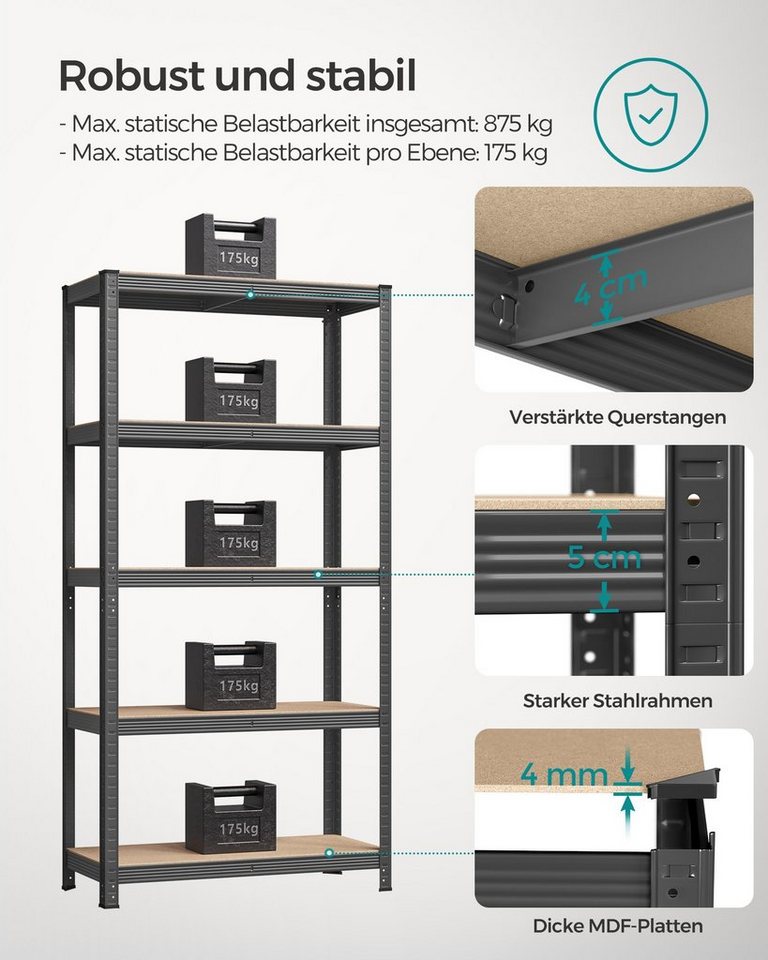 SONGMICS Schwerlastregal Kellerregal, Lagerregal mit Stahlgestell, 2-tlg., 5 verstellbare Ablagen, kein Werkzeug erforderlich – Bild 3 von 5