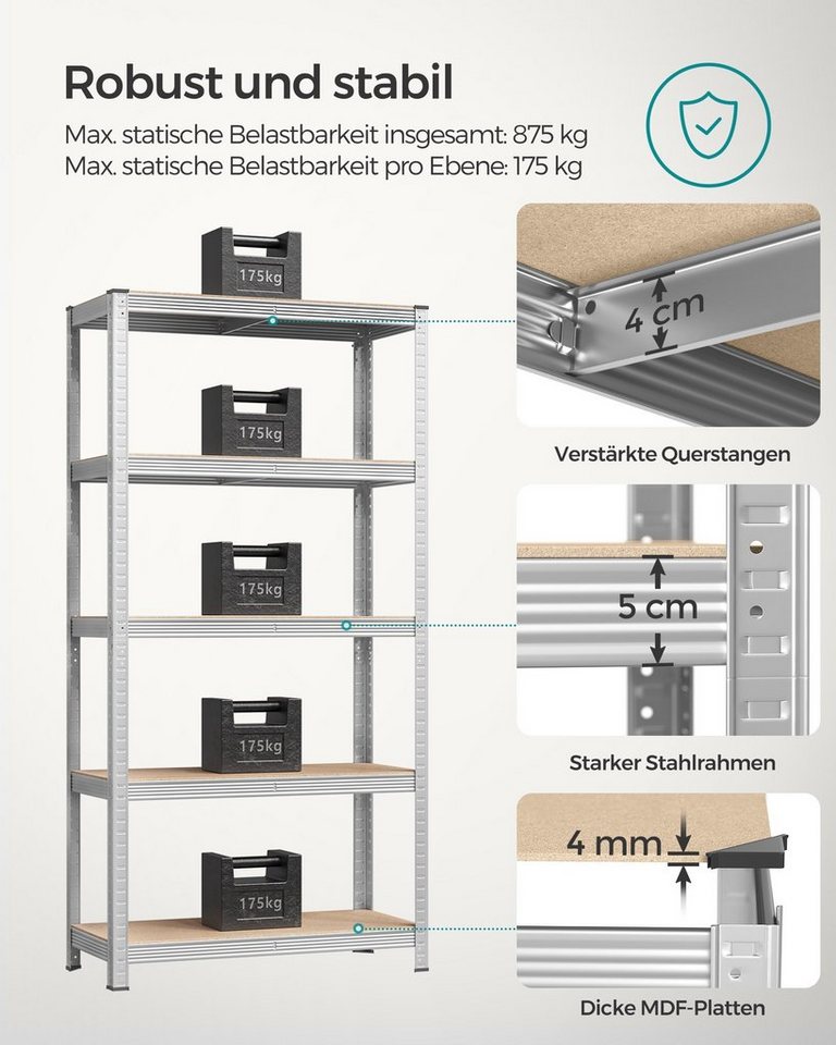SONGMICS Schwerlastregal Kellerregal, Lagerregal mit Stahlgestell, 2-tlg., 5 verstellbare Ablagen, kein Werkzeug erforderlich – Bild 3 von 5