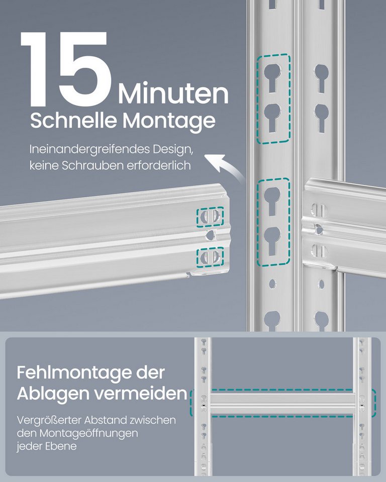 SONGMICS Schwerlastregal Kellerregal, bis 875 kg belastbar, verstellbare Ablagen, silbern, 2-tlg., 40 x 90 x 180 cm, Schmetterling-Stecksystem, einfache Montage – Bild 3 von 5