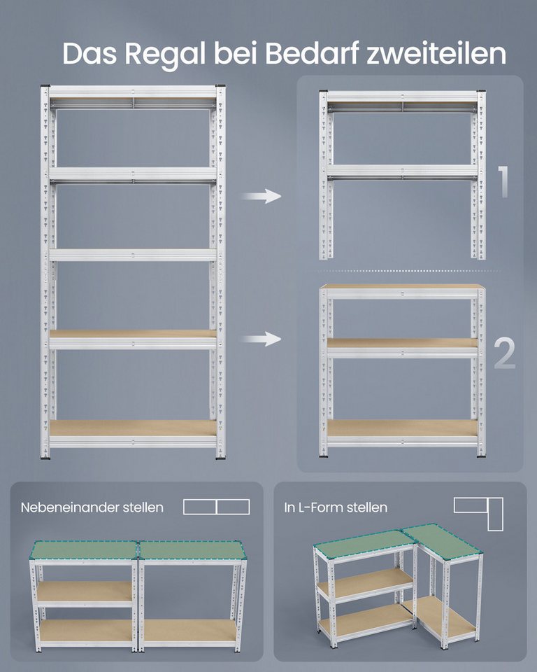 SONGMICS Schwerlastregal Kellerregal, bis 875 kg belastbar, verstellbare Ablagen, silbern, 2-tlg., 40 x 90 x 180 cm, Schmetterling-Stecksystem, einfache Montage – Bild 5 von 5