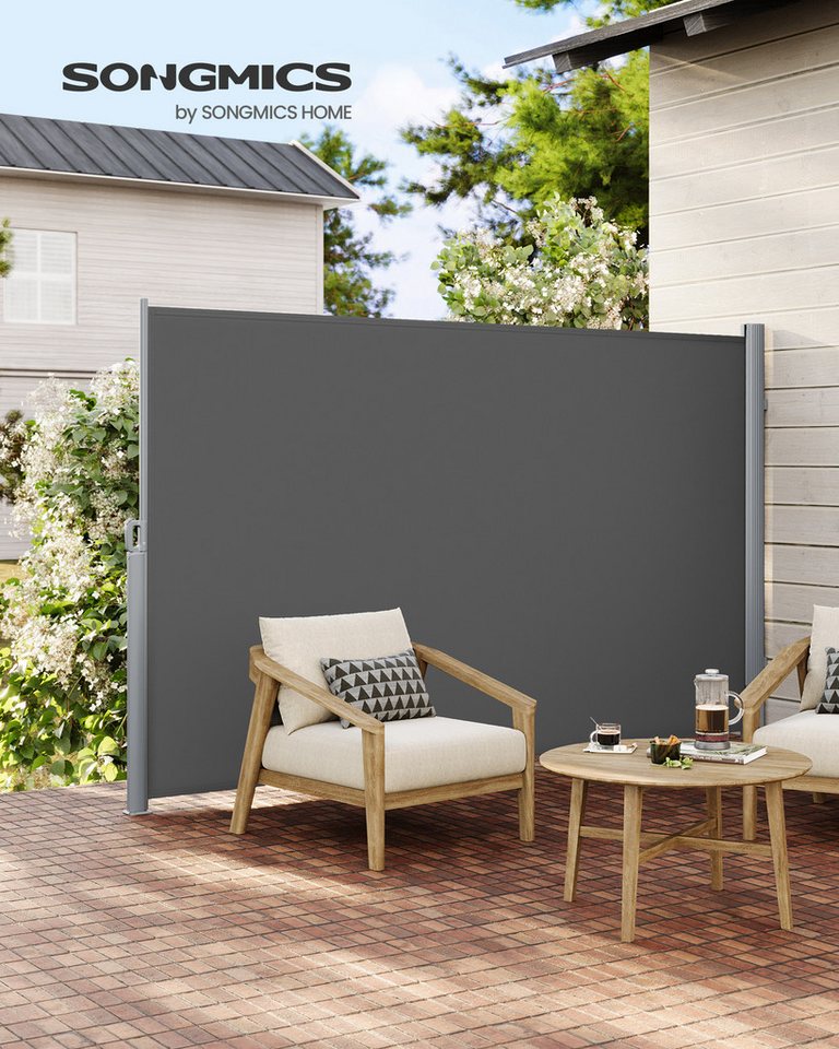 SONGMICS Seitenarmmarkise Alu, Blickdicht ausziehbar, Sichtschutz, balkon (inkl. Zubehörpaket & Anleitung, 160 x 300 cm) grau 280 g/m² Windschutz Markisen Balko – Bild 2 von 5