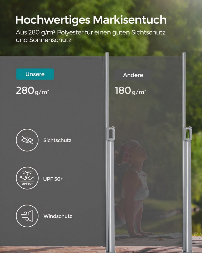 SONGMICS Seitenarmmarkise Alu, Blickdicht ausziehbar, Sichtschutz, balkon (inkl. Zubehörpaket & Anleitung, 160 x 300 cm) grau 280 g/m² Windschutz Markisen Balko – Bild 4 von 5