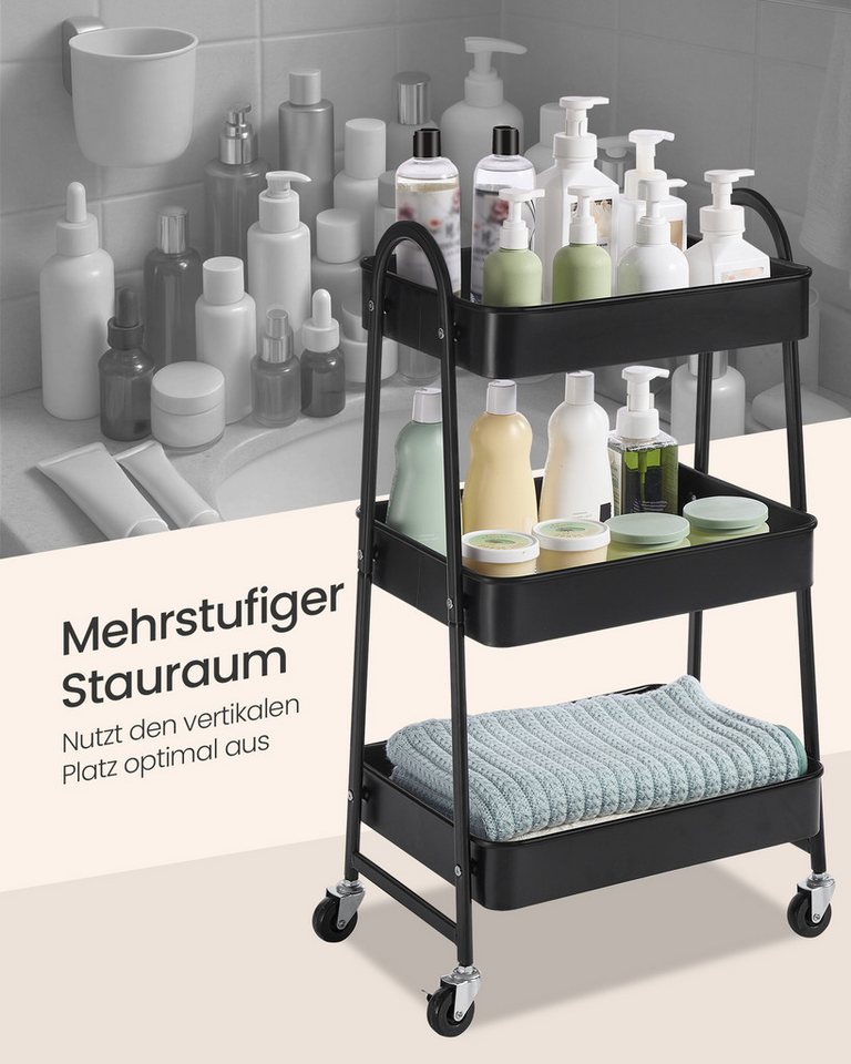 SONGMICS Servierwagen Rollwagen, Küchenwagen, aus Stahl, Küchenregal mit Griffen, 2 Bremsen, einfacher Aufbau, 3 Ebenen – Bild 4 von 5