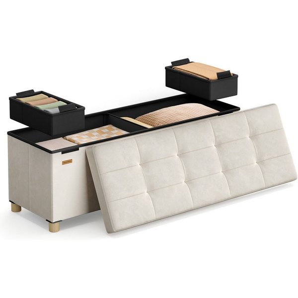 SONGMICS Sitzbank mit Stauraum, faltbar, 38 x 110 x 40 cm, Flur Wohnzimmer Schlafzimmer, mit Deckel, Fußhocker 112 L, bis 300 kg belastbar, cappuccinobeige