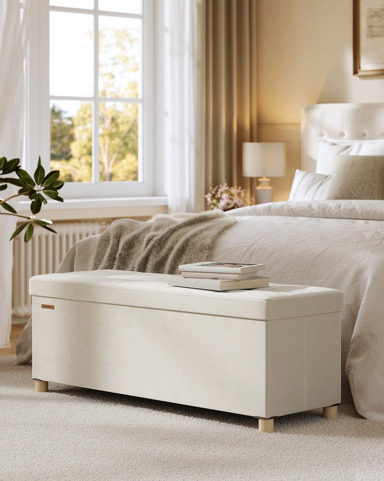 SONGMICS Sitzbank mit Stauraum, faltbar, 38 x 110 x 40 cm, Flur Wohnzimmer Schlafzimmer, mit Deckel, Fußhocker 112 L, bis 300 kg belastbar, cappuccinobeige – Bild 2 von 5