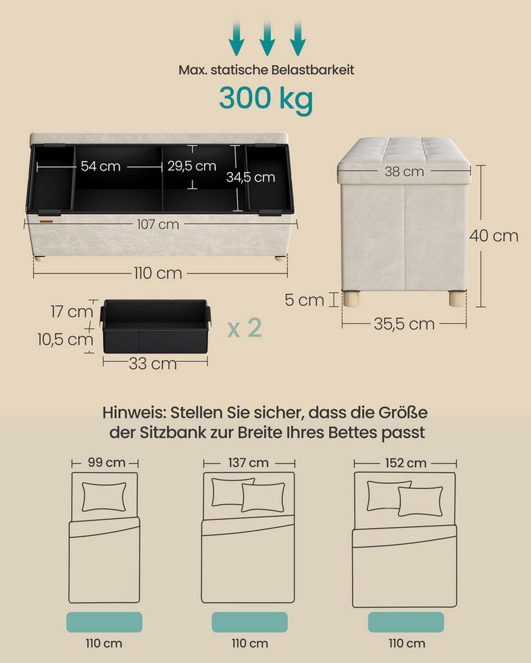 SONGMICS Sitzbank mit Stauraum, faltbar, 38 x 110 x 40 cm, Flur Wohnzimmer Schlafzimmer, mit Deckel, Fußhocker 112 L, bis 300 kg belastbar, cappuccinobeige – Bild 3 von 5