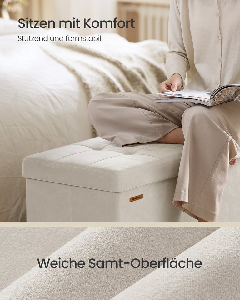 SONGMICS Sitzbank mit Stauraum, faltbar, 38 x 110 x 40 cm, Flur Wohnzimmer Schlafzimmer, mit Deckel, Fußhocker 112 L, bis 300 kg belastbar, cappuccinobeige – Bild 4 von 5