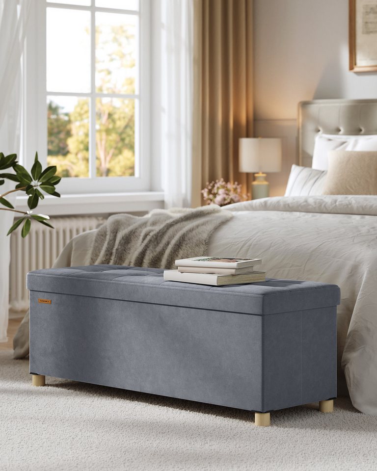 SONGMICS Sitzbank mit Stauraum, faltbar, 38 x 110 x 40 cm, Flur Wohnzimmer Schlafzimmer, mit Deckel, Fußhocker 112 L, Samt, bis 300 kg belastbar, schiefergrau – Bild 2 von 5