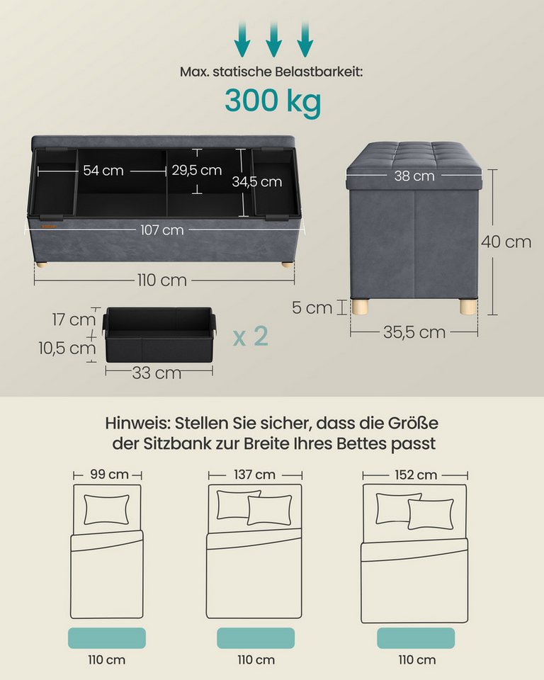 SONGMICS Sitzbank mit Stauraum, faltbar, 38 x 110 x 40 cm, Flur Wohnzimmer Schlafzimmer, mit Deckel, Fußhocker 112 L, Samt, bis 300 kg belastbar, schiefergrau – Bild 3 von 5