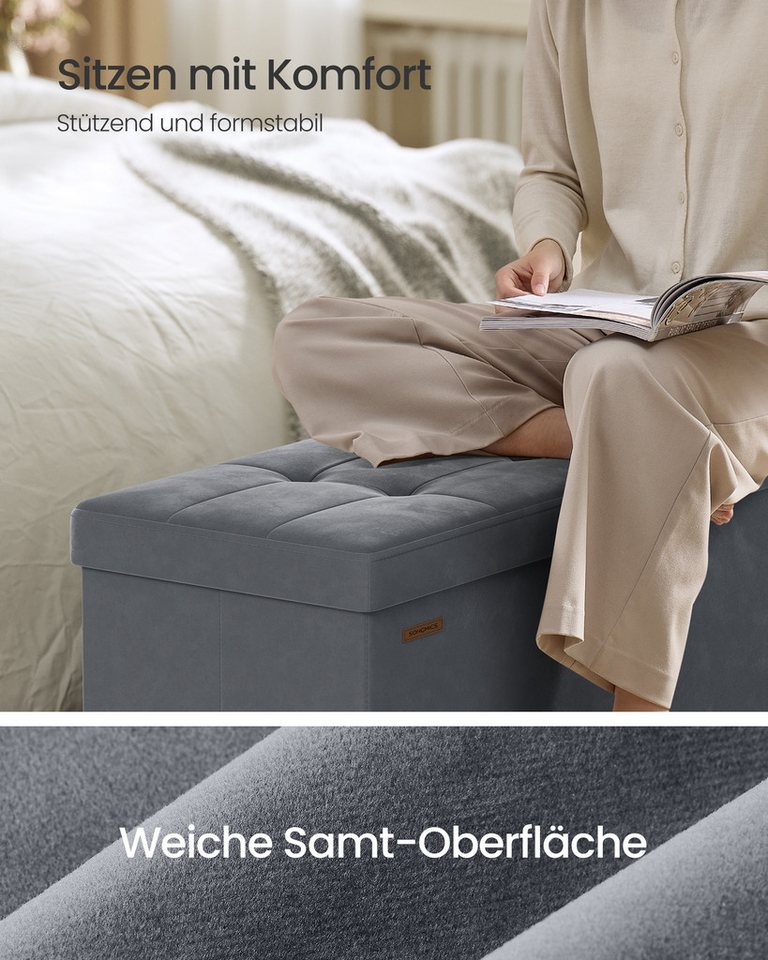 SONGMICS Sitzbank mit Stauraum, faltbar, 38 x 110 x 40 cm, Flur Wohnzimmer Schlafzimmer, mit Deckel, Fußhocker 112 L, Samt, bis 300 kg belastbar, schiefergrau – Bild 4 von 5