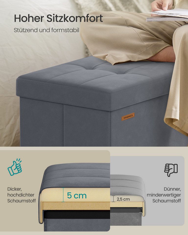 SONGMICS Sitzbank mit Stauraum, Sitztruhe aus Samt, klappbare Aufbewahrungsbox mit Deckel, bis 300 kg belastbar – Bild 3 von 5