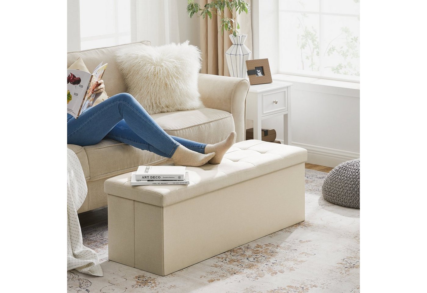 SONGMICS Sitzbank sitzhocker, 76/110cm mit Stauraum, klappbare Sitztruhe, Fußbank – Bild 3 von 5