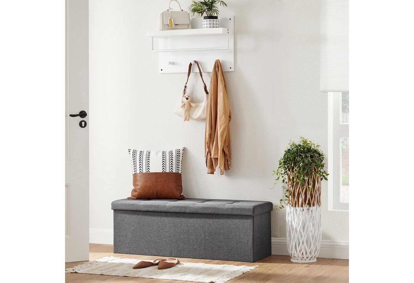 SONGMICS Sitzbank sitzhocker, 76/110cm mit Stauraum, klappbare Sitztruhe, Fußbank – Bild 3 von 5