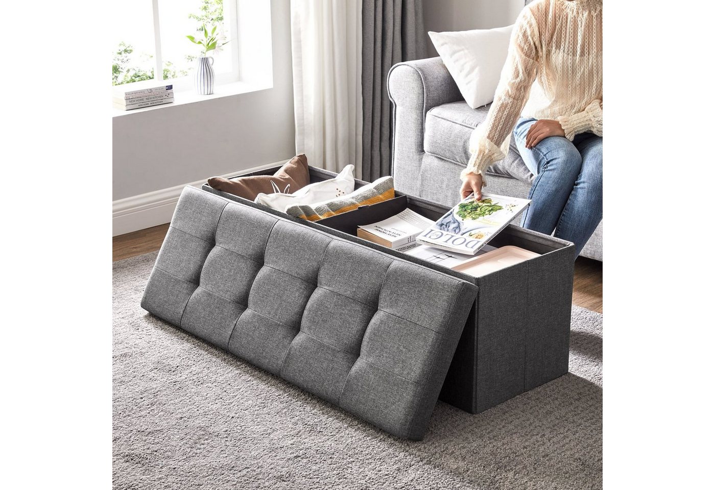 SONGMICS Sitzbank sitzhocker, 76/110cm mit Stauraum, klappbare Sitztruhe, Fußbank – Bild 4 von 5