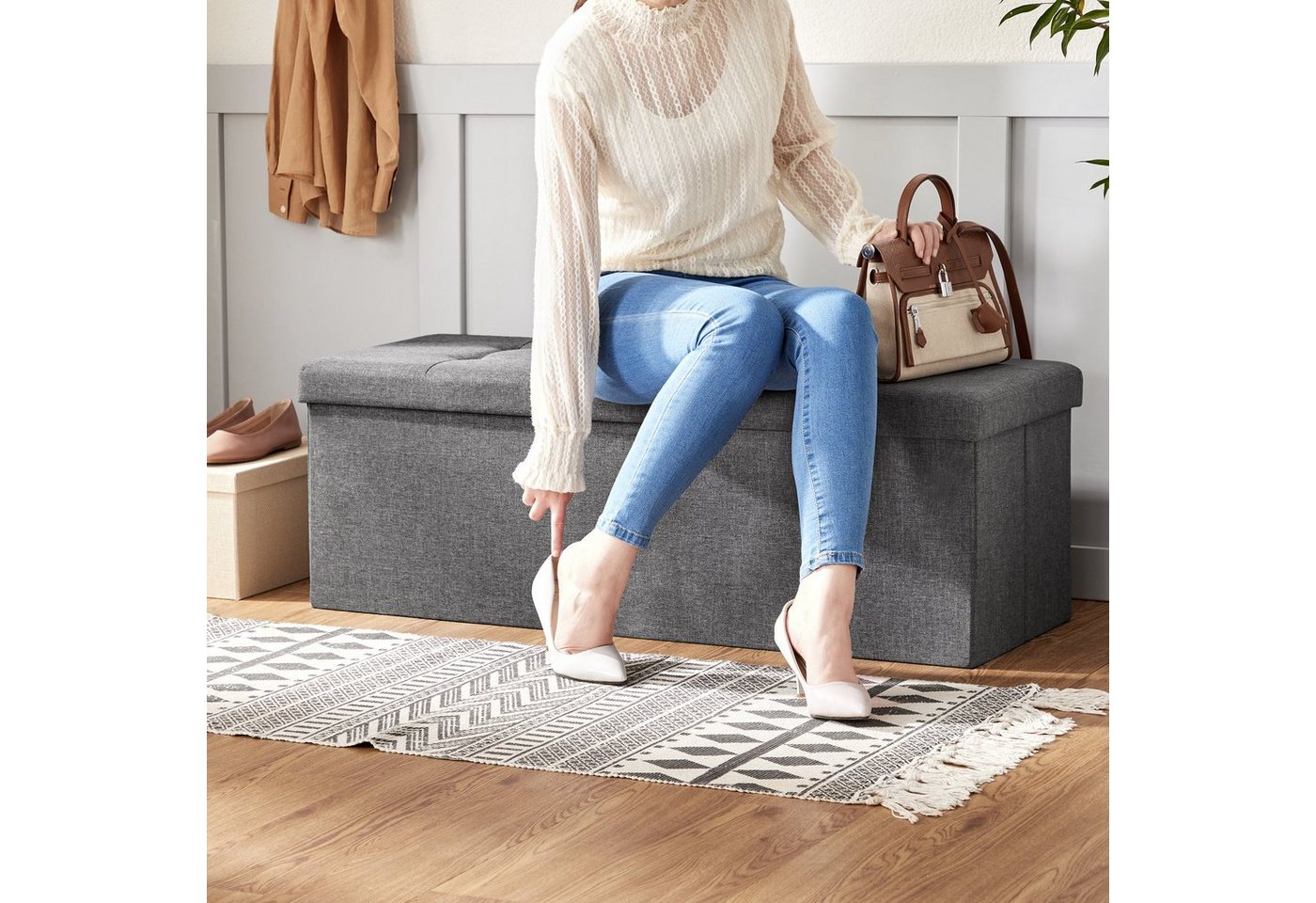 SONGMICS Sitzbank sitzhocker, 76/110cm mit Stauraum, klappbare Sitztruhe, Fußbank – Bild 5 von 5
