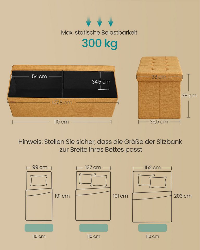SONGMICS Sitzbank Sitzhocker mit Stauraum, klappbare, für Wohnzimmer Schlafzimmer Flur, 38 x 110 x 38 cm Fußbank, Aufbewahrungsbox, bis 300 kg belastbar – Bild 3 von 5