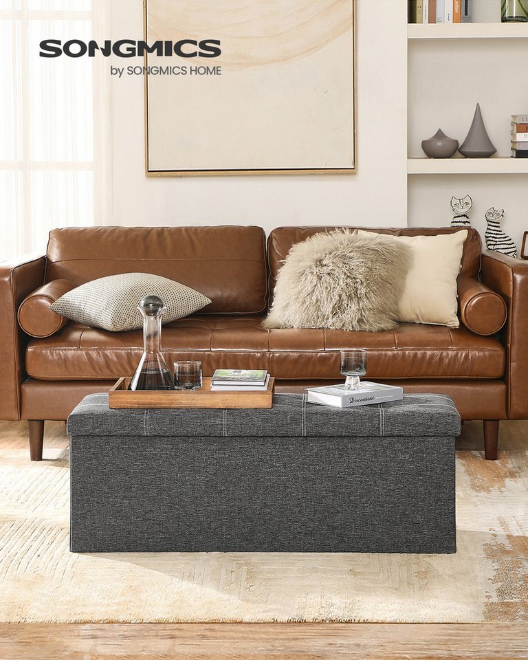 SONGMICS Sitzbank Sitztruhe, Sitzhocker, faltbar, für Schlafzimmer, Flur, Wohnzimmer, mit Stauraum, 76 x 38 x 38 cm, Bezug aus Leinenimitat, dunkelgrau – Bild 2 von 5