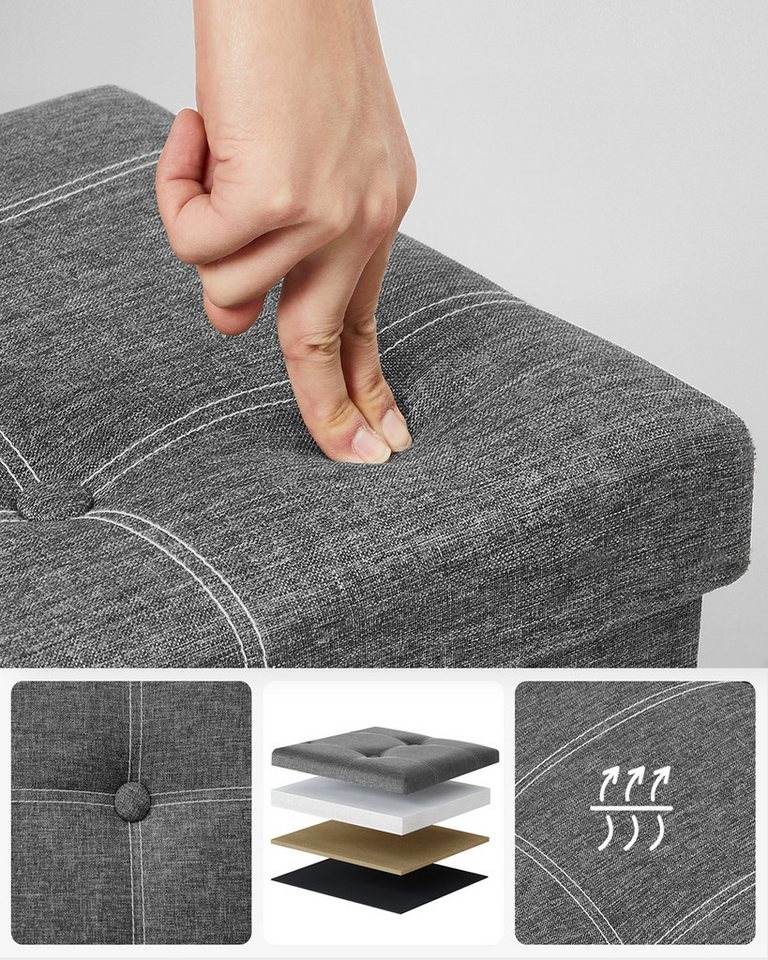 SONGMICS Sitzbank Sitztruhe, Sitzhocker, faltbar, für Schlafzimmer, Flur, Wohnzimmer, mit Stauraum, 76 x 38 x 38 cm, Bezug aus Leinenimitat, dunkelgrau – Bild 3 von 5