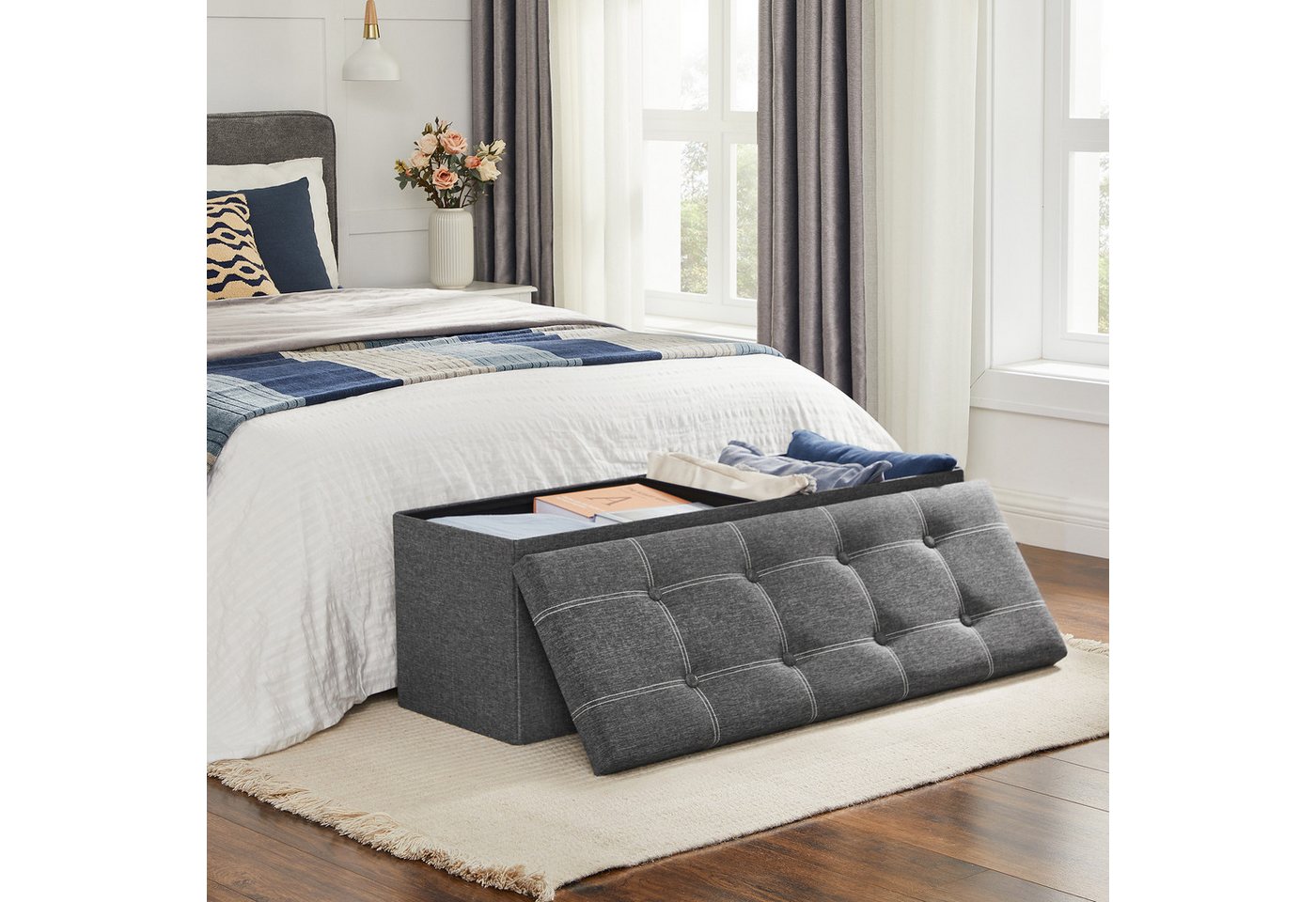 SONGMICS Sitzbank Sitztruhe, Sitzhocker, faltbar, für Schlafzimmer, Flur, Wohnzimmer, mit Stauraum, 76 x 38 x 38 cm, Bezug aus Leinenimitat, dunkelgrau – Bild 5 von 5