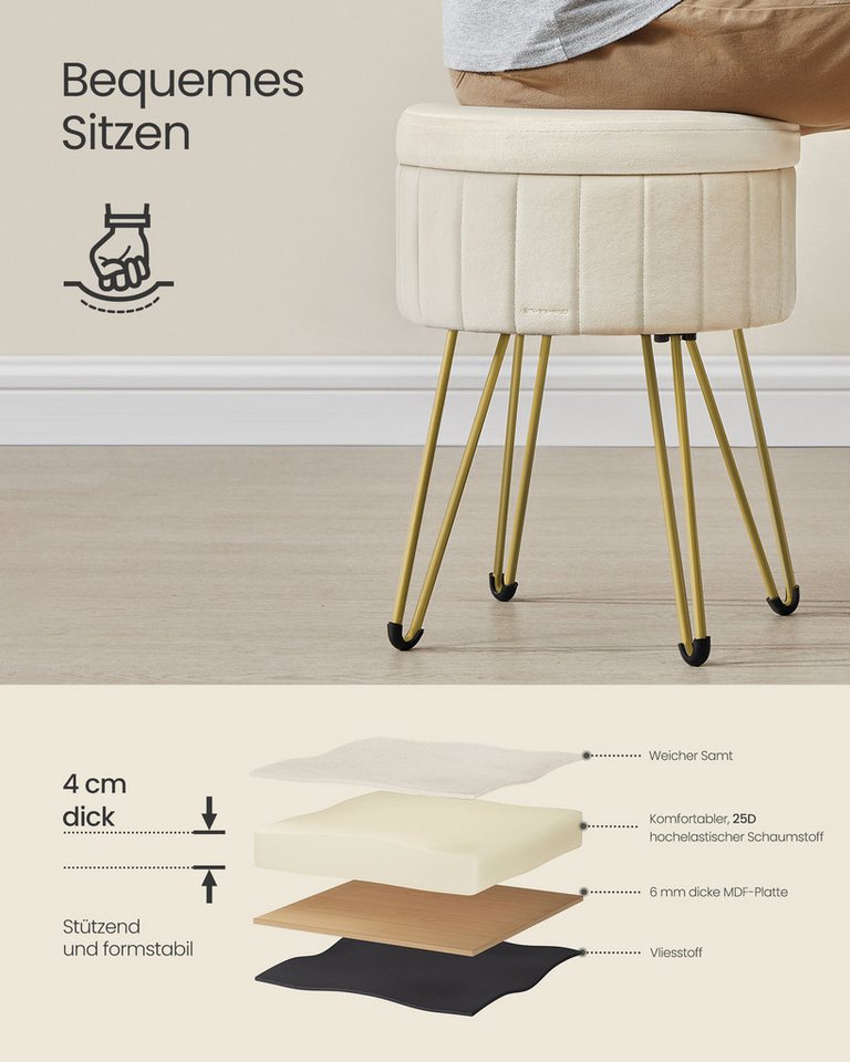 SONGMICS Sitzhocker Hocker (Schminktischhocker, Samt Schminkhocker), 4 Metallbeine, für Ankleidezimmer, Wohnzimmer, Schlafzimmer – Bild 4 von 5