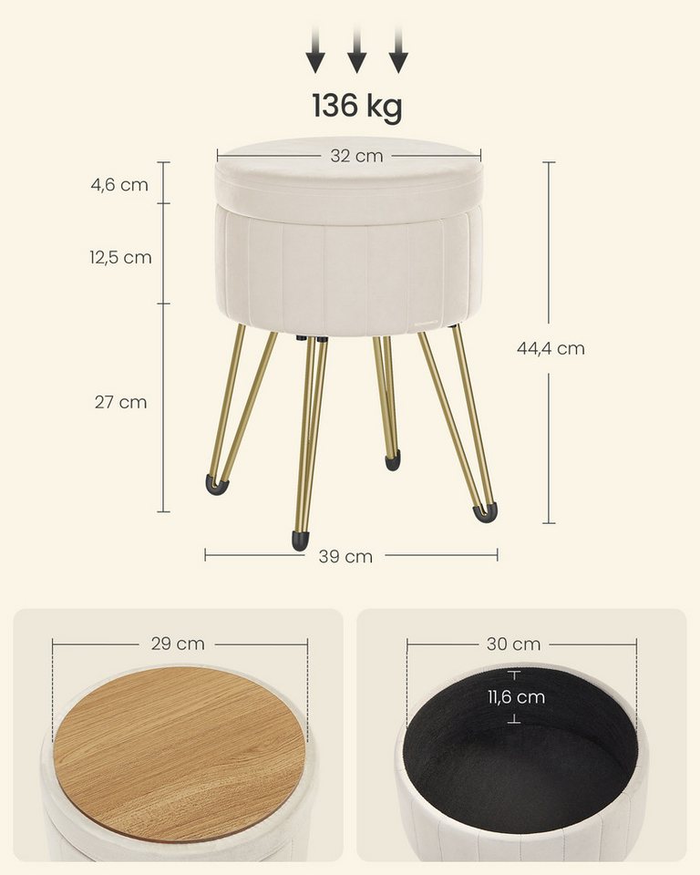 SONGMICS Sitzhocker Hocker (Schminktischhocker, Samt Schminkhocker), 4 Metallbeine, für Ankleidezimmer, Wohnzimmer, Schlafzimmer – Bild 5 von 5