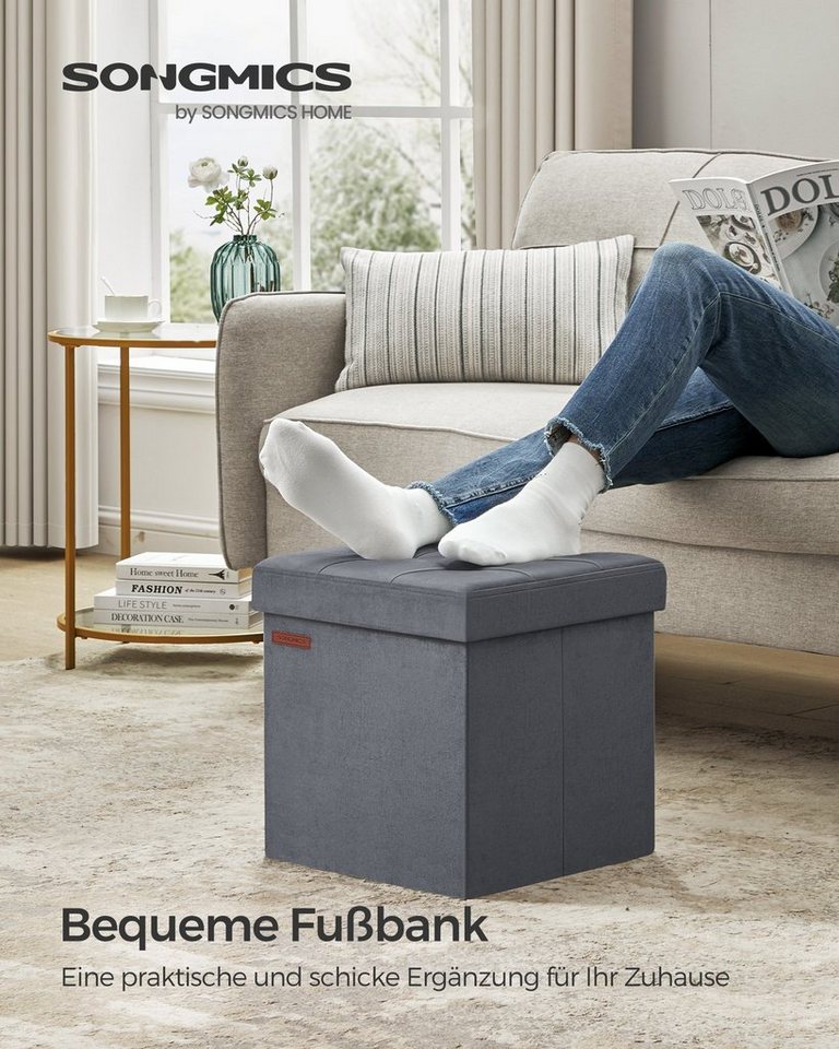 SONGMICS Sitzhocker klappbare Sitzbank, Aufbewahrungsbox, für Wohnzimmer Schlafzimmer Flur, bis 300 kg belastbar, 38 x 38 x 38 cm Fußbank – Bild 2 von 5