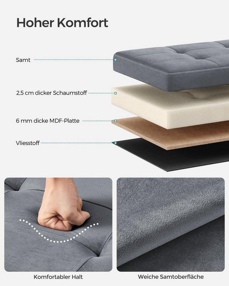 SONGMICS Sitzhocker klappbare Sitzbank, Aufbewahrungsbox, für Wohnzimmer Schlafzimmer Flur, bis 300 kg belastbar, 38 x 38 x 38 cm Fußbank – Bild 3 von 5