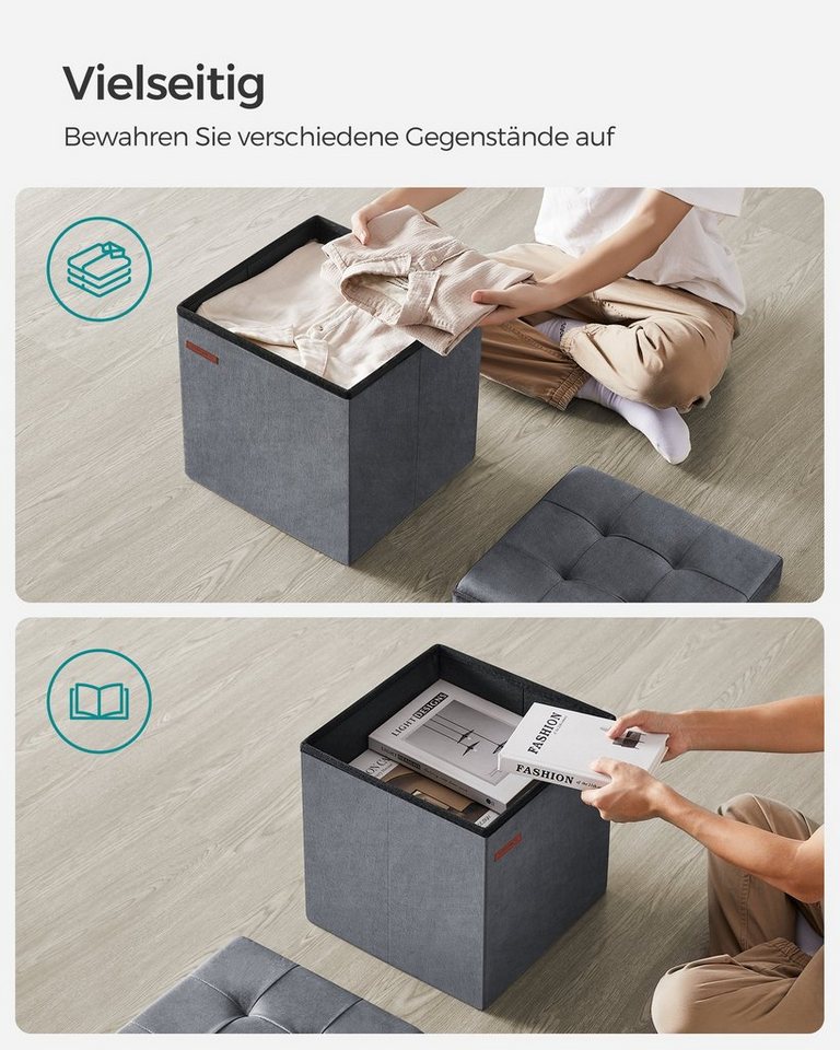 SONGMICS Sitzhocker klappbare Sitzbank, Aufbewahrungsbox, für Wohnzimmer Schlafzimmer Flur, bis 300 kg belastbar, 38 x 38 x 38 cm Fußbank – Bild 4 von 5