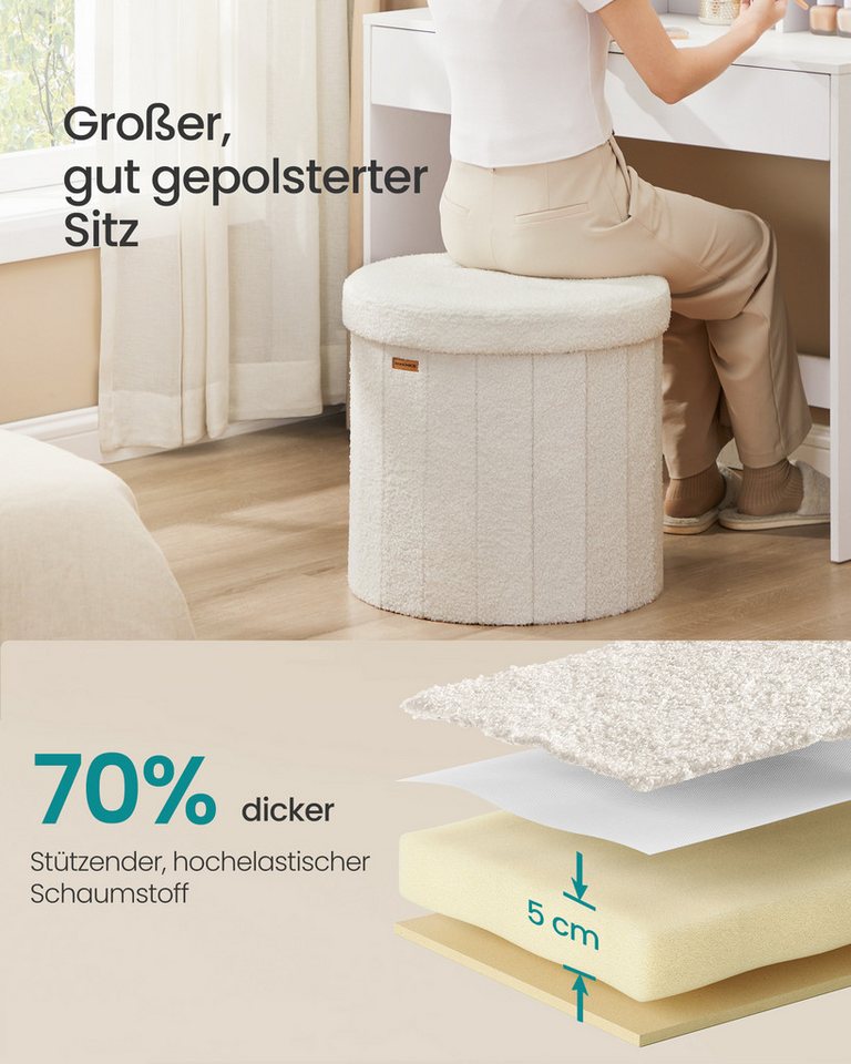 SONGMICS Sitzhocker MAZIE Kollektion, Fußhocker, Wohnheim, Schlafzimmer, Wohnzimmer (mit abnehmbarem Deckel), rund, mit Stauraum, faltbarer Hocker, einfache Mon – Bild 4 von 5
