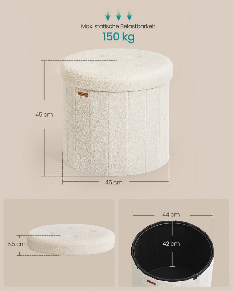 SONGMICS Sitzhocker MAZIE Kollektion, Fußhocker, Wohnheim, Schlafzimmer, Wohnzimmer (mit abnehmbarem Deckel), rund, mit Stauraum, faltbarer Hocker, einfache Mon – Bild 5 von 5