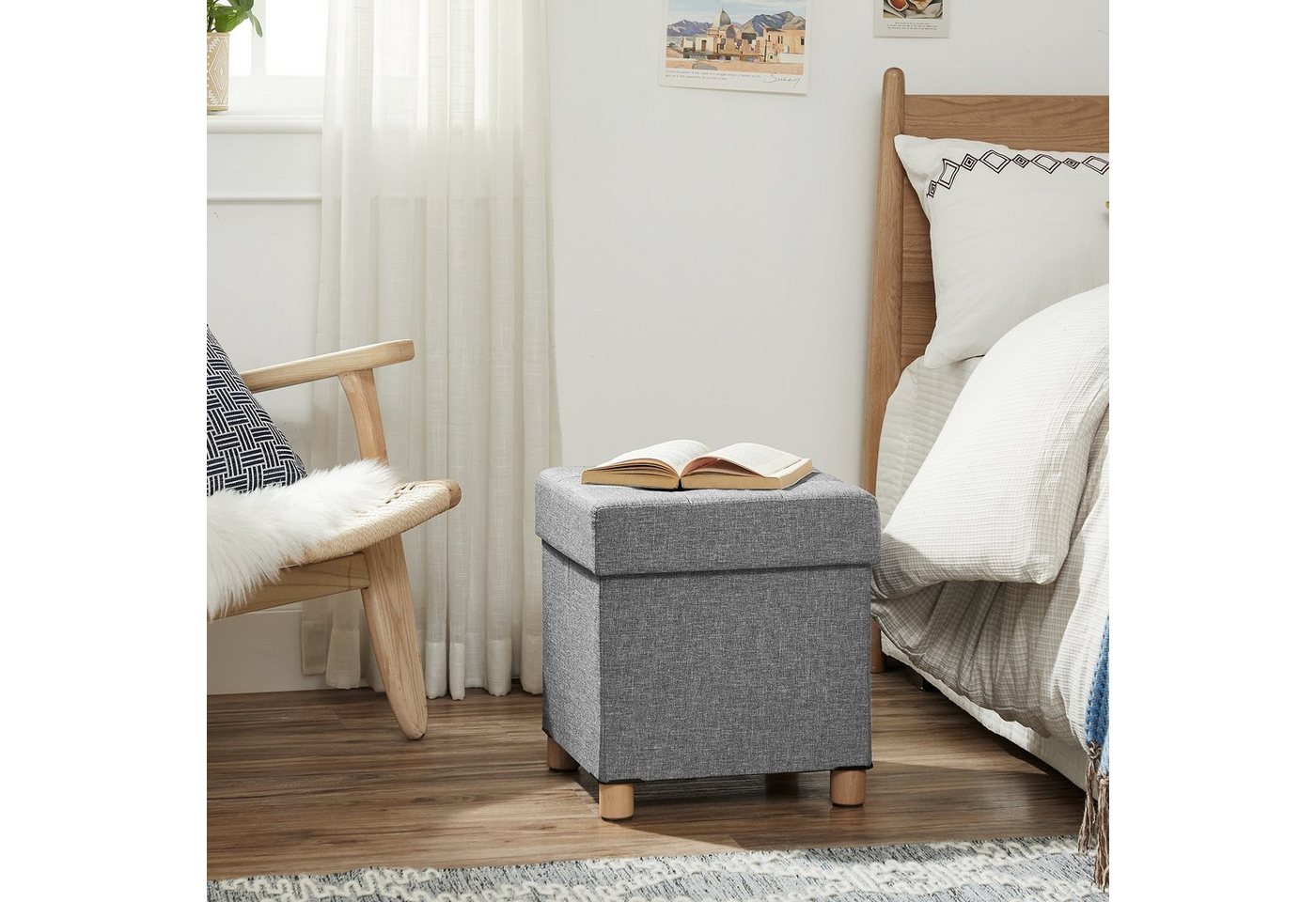 SONGMICS Sitzhocker mit Stauraum, 38 x 38 x 40 cm, für Wohnzimmer Schlafzimmer Schlafsaal, kleine klappbare, Aufbewahrungsbox, bis 300 kg belastbar, hellgrau – Bild 3 von 5