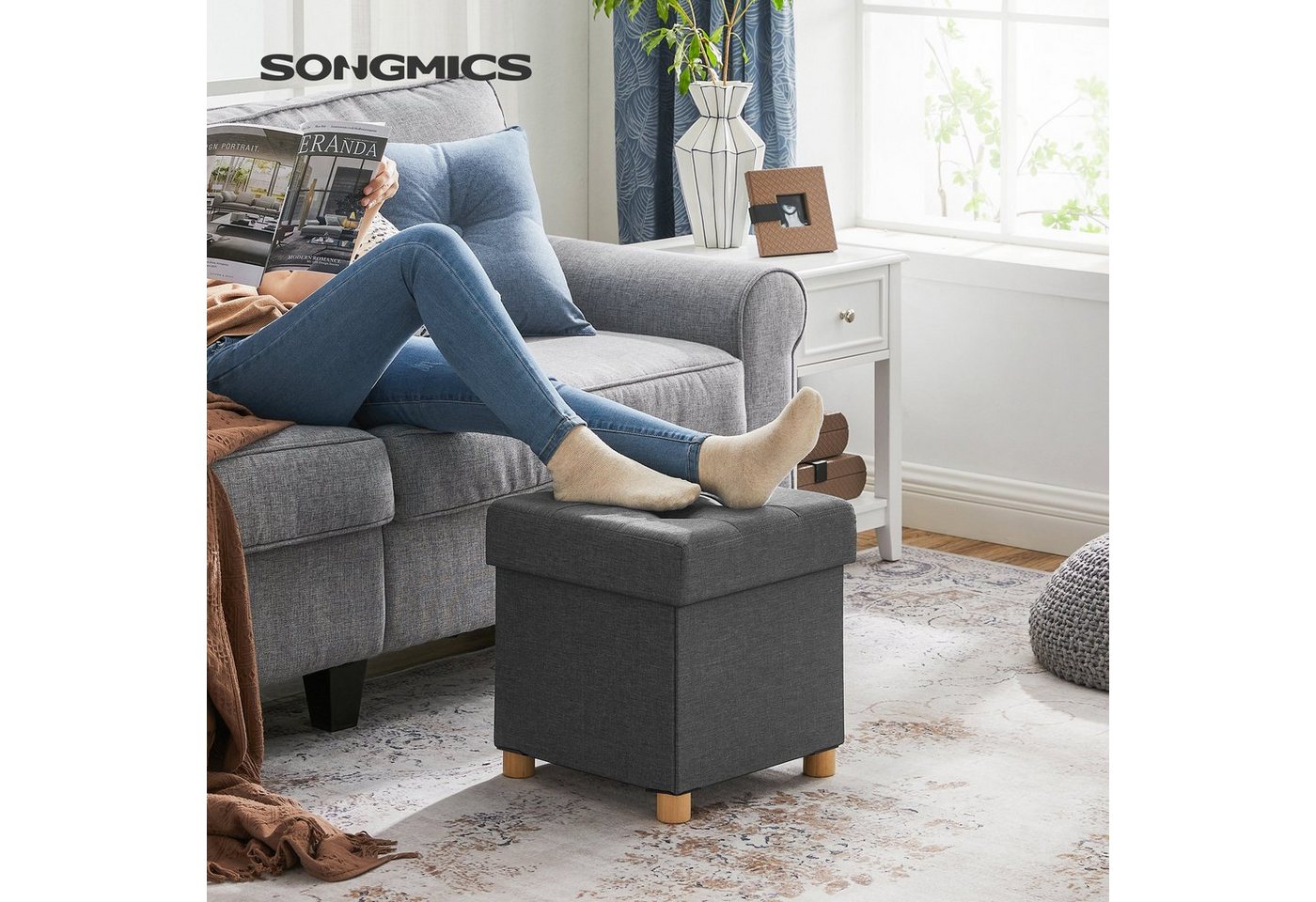 SONGMICS Sitzhocker mit Stauraum, 38 x 38 x 40 cm, für Wohnzimmer Schlafzimmer Schlafsaal, kleine klappbare, Aufbewahrungsbox, bis 300 kg belastbar, dunkelgrau – Bild 3 von 5