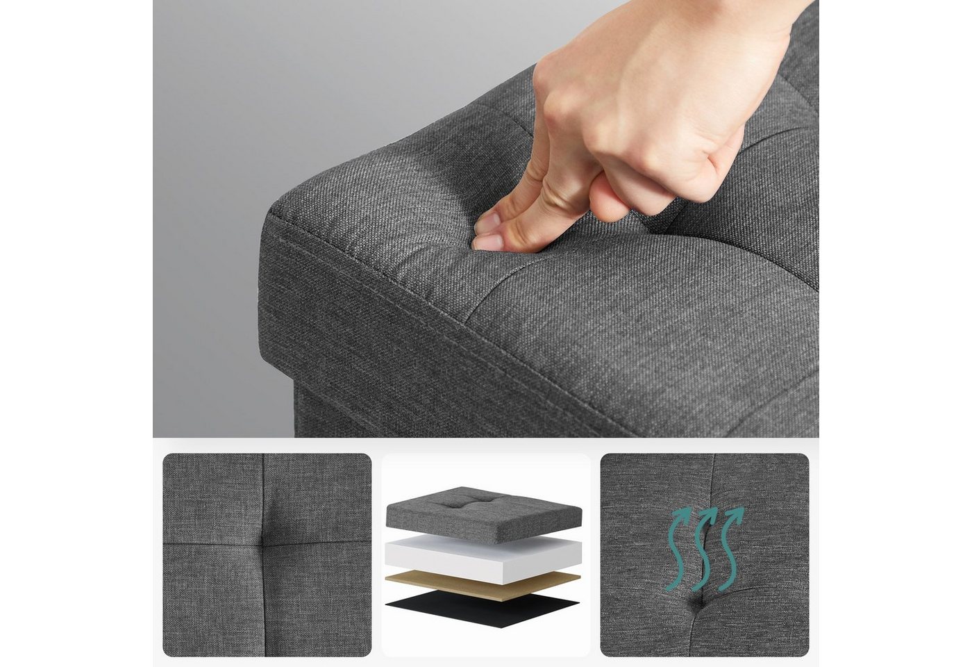 SONGMICS Sitzhocker mit Stauraum, 38 x 38 x 40 cm, für Wohnzimmer Schlafzimmer Schlafsaal, kleine klappbare, Aufbewahrungsbox, bis 300 kg belastbar, dunkelgrau – Bild 5 von 5