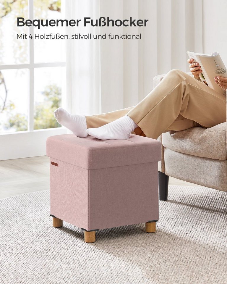 SONGMICS Sitzhocker mit Stauraum, 38 x 38 x 40 cm, für Wohnzimmer Schlafzimmer Schlafsaal, kleine klappbare, Aufbewahrungsbox, bis 300 kg belastbar, pastellrosa – Bild 5 von 5