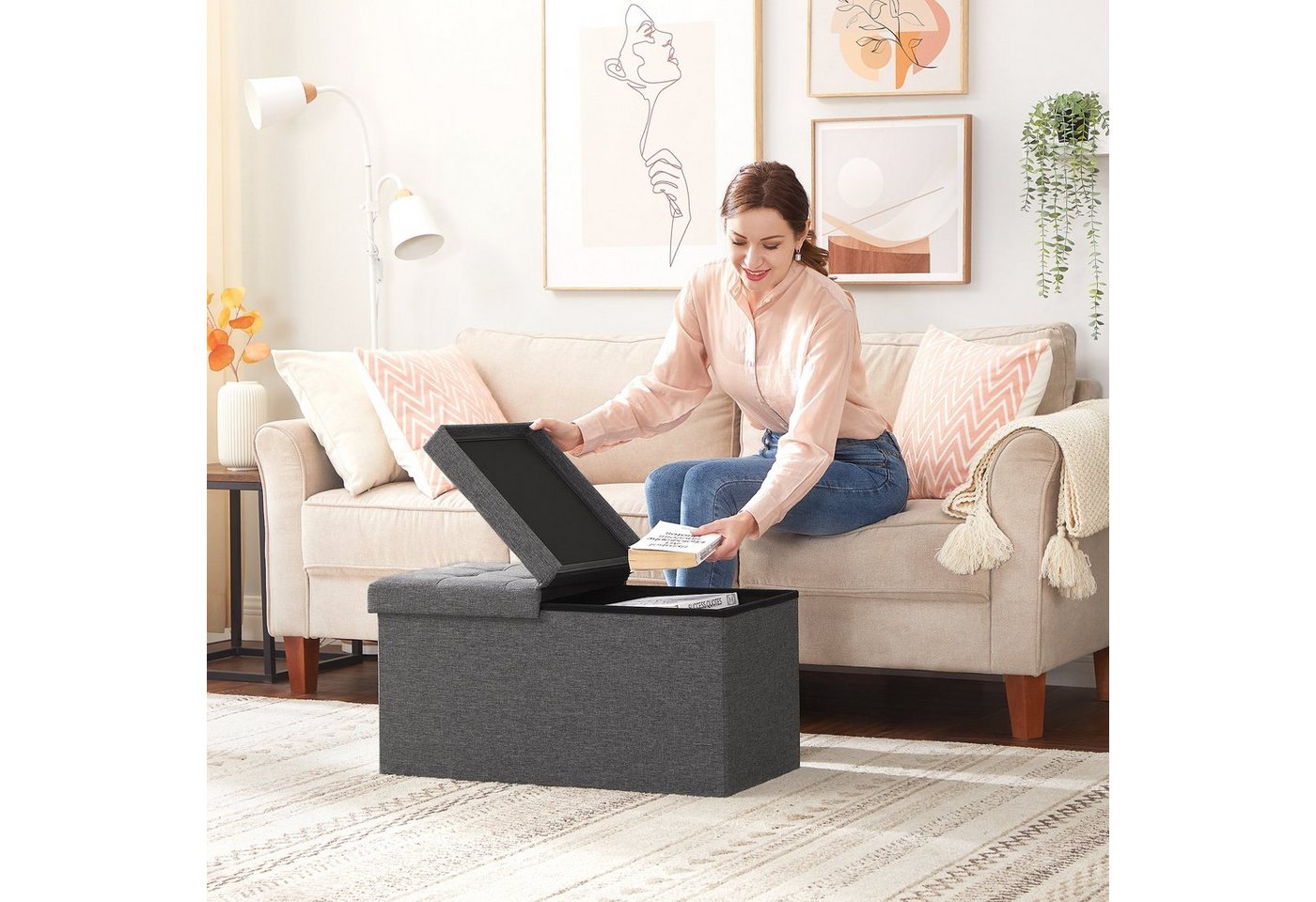 SONGMICS Sitzhocker mit Stauraum, Deckel klappbar, für Flur, Wohnzimmer, Schlafzimmer, klappbare Sitztruhe, bis 300 kg belastbar, 89 Liter, 38 x 76 x 38 cm – Bild 2 von 5