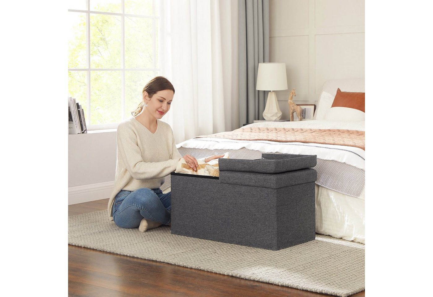 SONGMICS Sitzhocker mit Stauraum, Deckel klappbar, für Flur, Wohnzimmer, Schlafzimmer, klappbare Sitztruhe, bis 300 kg belastbar, 89 Liter, 38 x 76 x 38 cm – Bild 3 von 5
