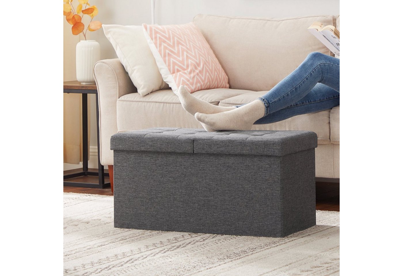 SONGMICS Sitzhocker mit Stauraum, Deckel klappbar, für Flur, Wohnzimmer, Schlafzimmer, klappbare Sitztruhe, bis 300 kg belastbar, 89 Liter, 38 x 76 x 38 cm – Bild 5 von 5