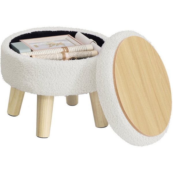 SONGMICS Sitzhocker mit Stauraum, Sitzhocker mit Holzbeinen, Runder Polsterhocker, Teddy-Fleece, 31 x 31 x 29 cm