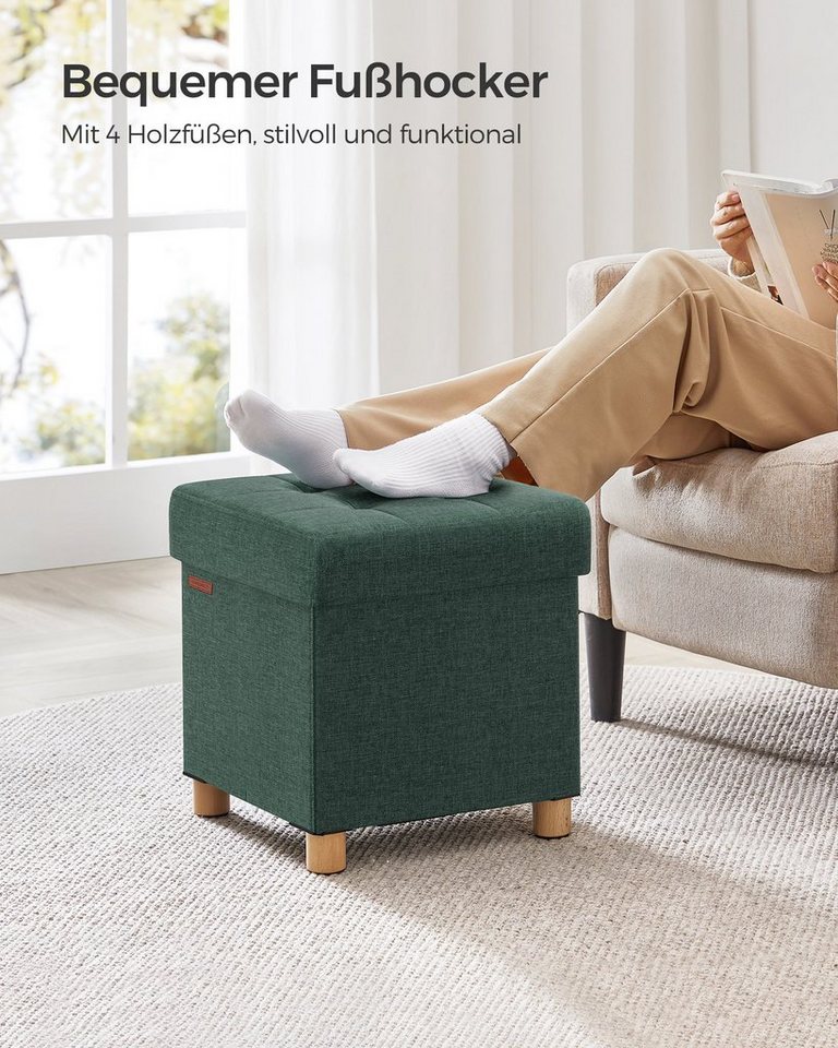 SONGMICS Sitzhocker mit Stauraum, 38 x 38 x 40 cm, für Wohnzimmer Schlafzimmer Schlafsaal, kleine klappbare, Aufbewahrungsbox, bis 300 kg belastbar, vintagegrün – Bild 5 von 5