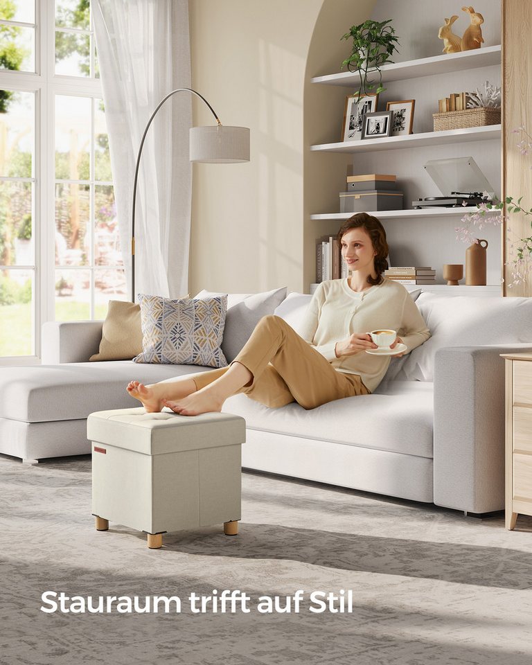 SONGMICS Sitzhocker mit Stauraum, 38 x 38 x 40 cm, für Wohnzimmer Schlafzimmer Schlafsaal, kleine klappbare, Aufbewahrungsbox, bis 300 kg belastbar, cremeweiß – Bild 3 von 5