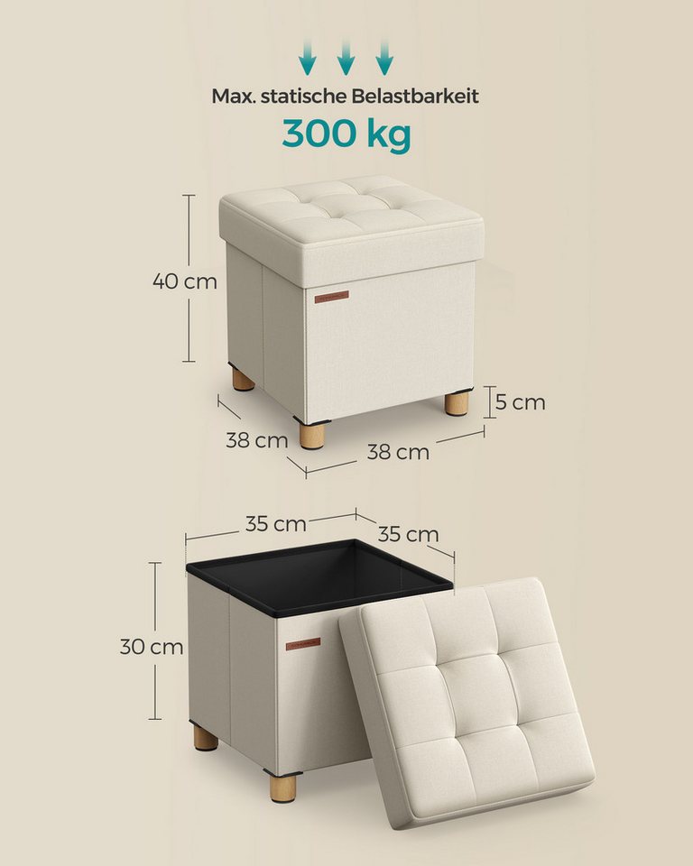 SONGMICS Sitzhocker mit Stauraum, 38 x 38 x 40 cm, für Wohnzimmer Schlafzimmer Schlafsaal, kleine klappbare, Aufbewahrungsbox, bis 300 kg belastbar, cremeweiß – Bild 4 von 5