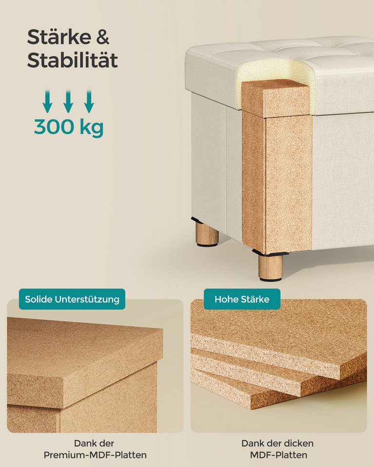 SONGMICS Sitzhocker mit Stauraum, 38 x 38 x 40 cm, für Wohnzimmer Schlafzimmer Schlafsaal, kleine klappbare, Aufbewahrungsbox, bis 300 kg belastbar, cremeweiß – Bild 5 von 5