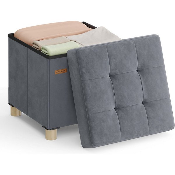 SONGMICS Sitzhocker mit Stauraum, Hocker faltbar, 38 x 38 x 40 cm, Fußhocker 37 L, Aufbewahrungsbox mit Deckel, Samt, bis 300 kg belastbar, schiefergrau